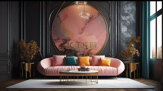 现代豪华客厅与彩色图案墙纸 3d 渲染插图和模型