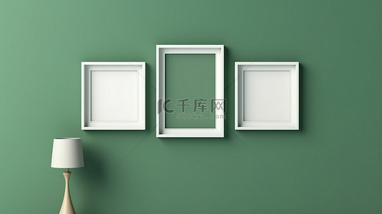 设计艺术海报背景图片_绿墙上肖像相框模型的 3D 渲染