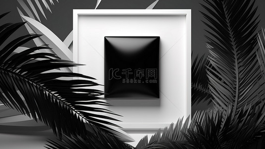 当代单色方形框架，带有柔软的圆形棕榈叶 3d 渲染抽象背景