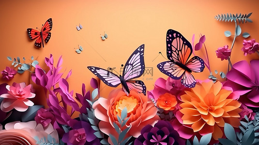 背景喜悦背景图片_纸艺花卉喜悦与淡淡的蝴蝶 3D 渲染