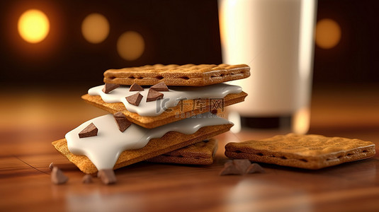 面包脆背景图片_牛奶和巧克力涂层全麦饼干的 3D 插图