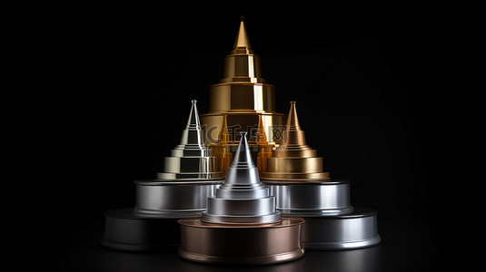 打仗胜利背景图片_黑色背景上金银和铜牌棋子的胜利讲台 3D 插图是竞赛获胜者的象征