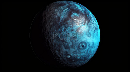 蓝色海王星行星在黑色空间背景下的 3d 渲染