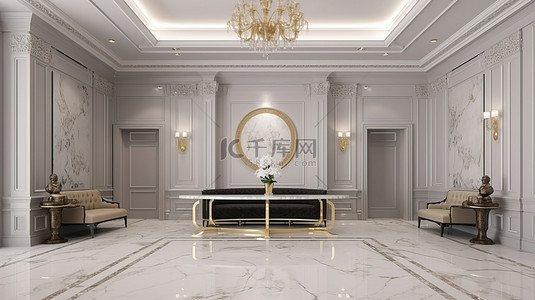 经典豪华酒店的精致接待厅 3D 渲染，装饰墙壁