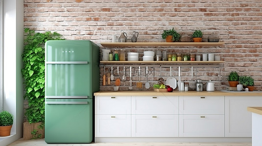 冰箱冷藏袋背景图片_经典白色厨房的 3D 渲染，配有绿色冰箱和轻质砖墙