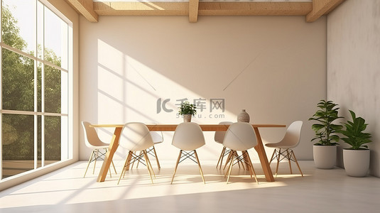 阳光墙壁桌子背景图片_时尚简约的内饰，明亮的白色，阳光和阴影 3D 渲染现代餐厅，配有木桌和椅子