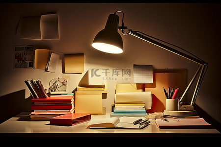一张带灯的桌子书籍和笔记