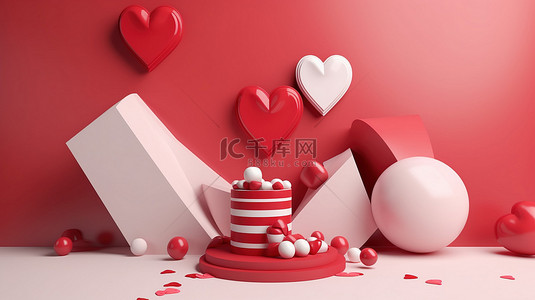 海报设计爱心背景图片_创意3D情人节背景，红白领奖台和心形糖果设计