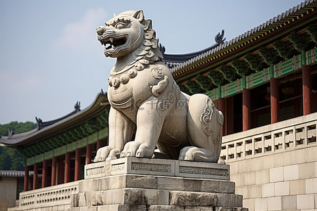 英雄雕像背景图片_一座雕像位于老虎雕像顶上的石头建筑前