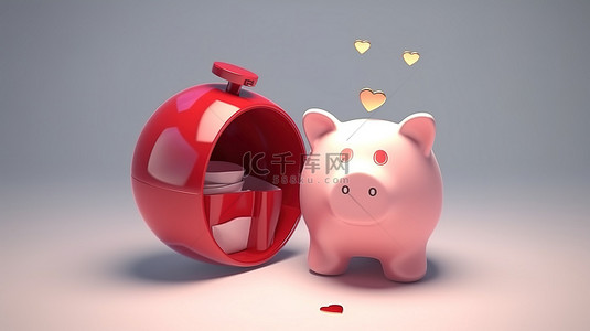 红色心形背景图片_带硬币 3d 渲染的红色心形钱盒