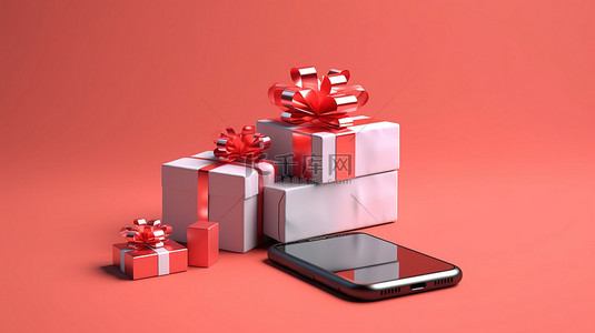 电器手机背景图片_网上购物概念通过手机的 3D 渲染来说明，周围环绕着包裹和礼物