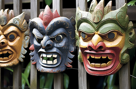可爱岛栅栏上挂着三个木制面具