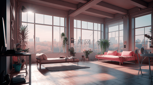 仿真写实类背景图片_粉色沙发实木地板简单家具客厅背景