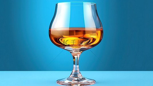 高脚杯酒杯背景图片_蓝色背景上的干邑威士忌玻璃高脚杯的真实 3D 插图