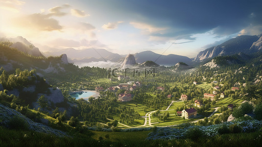 山顶公园背景图片_以 3D 图像呈现的山区乡村城镇景观