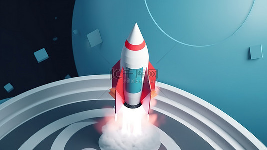 初创企业火箭卡通风格的 3D 插图，用目标概念将宇宙飞船发射到太空
