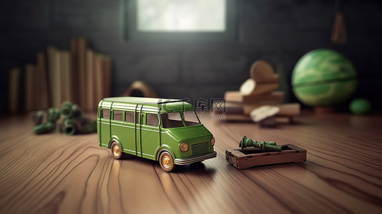 绿色清背景背景图片_质朴木桌 3D 渲染上的生态友好运输概念
