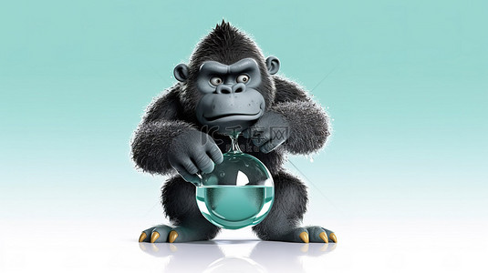 猴子插画背景图片_有趣的 3D 大猩猩卡通，手里拿着玻璃水滴