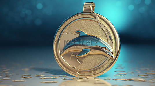 夏天教育背景图片_海豚图标浮雕在 3D 奖牌硬币上