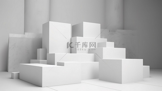 产品展示高架 3D 模型讲台，具有柔和的背景和白色块