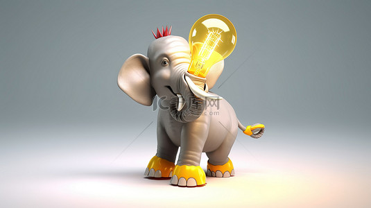 带扩音器和灯泡的动画大象，3D 有趣的设计