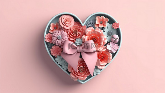 心形盒花束的 3D 渲染插图是情人节横幅的花卉组合物