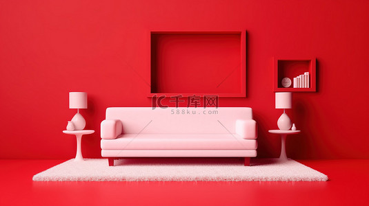 带沙发的微型房间的红色单色 3d 图标