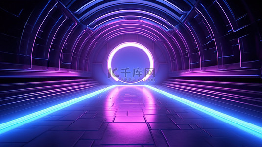 蓝色led背景背景图片_科幻别致的未来派暗室，配有霓虹粉红色激光和蓝色隧道 3D 渲染