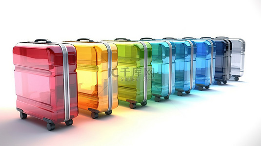 现代航空旅行彩色聚碳酸酯手提箱在机场出发台 3D 渲染图像在白色背景上