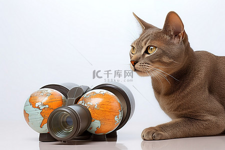 杂志蜂蜜阿尼背景图片_一只猫在两个双筒望远镜和一个地球仪旁边