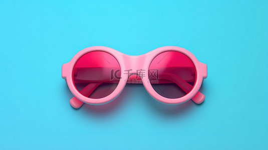 粉红色背景上的浮雕 3D 眼镜的简约工作室拍摄，从顶视图看有蓝色圆圈