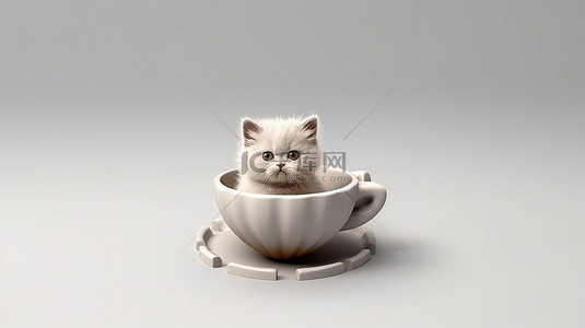 3d 小猫最小设计可爱的猫栖息在咖啡杯上