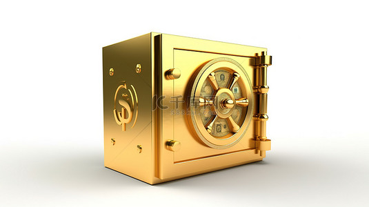 带有黄金货币符号的白色背景隔离钢制保险箱的高品质 3D 渲染