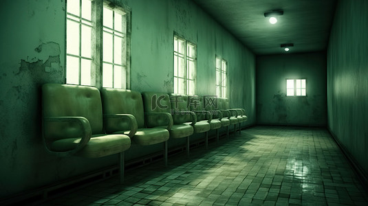 酒店走廊地毯背景图片_位于医院检查室外的怪异和恐怖椅子的 3D 插图
