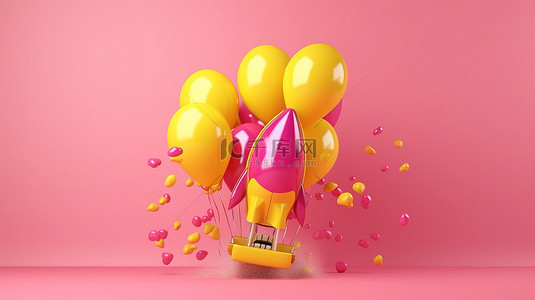 粉红色玩具火箭在黄色气球中发射的 3D 渲染
