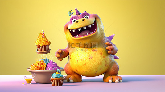 搞笑纸杯蛋糕，手里拿着胖乎乎的 3D 恐龙