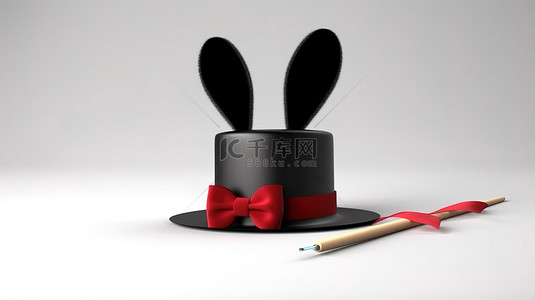 黑色顶帽，配有红丝带魔术师魔杖和兔子耳朵，在 3D 渲染中弹出，隔离在白色背景上