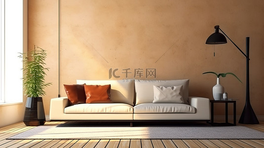 整洁的卧室背景图片_3D 渲染温暖整洁的客厅，配有舒适的沙发背景