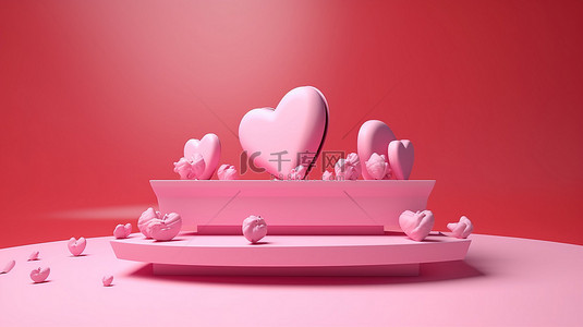 3d 渲染讲台上的粉红色宇宙飞船和红心