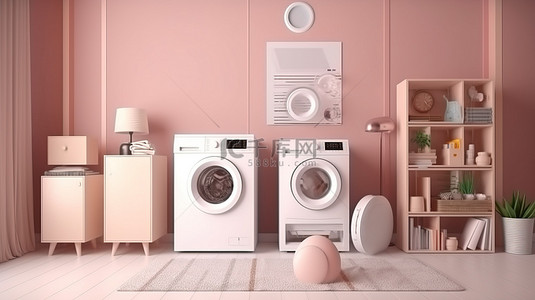 粉色室内设计背景图片_家用电器的 3D 渲染，配有带冰箱交流风扇电视和洗衣机的讲台显示屏