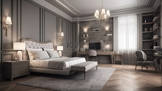 欧式酒店卧室套房令人惊叹的 3D 渲染，配有电视工作桌和书架