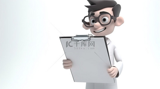 卡通医生角色在 3D 渲染中偷看空白剪贴板