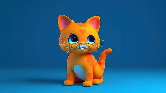 宠物蓝色背景背景图片_可爱的橙色猫科动物在蓝色背景上迷人的 3d 渲染