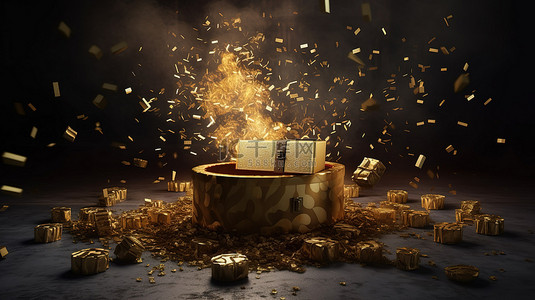 钱币投资背景图片_钱币爆炸的 3D 渲染，背景上带有奖金礼品盒，象征着繁荣大奖和获胜