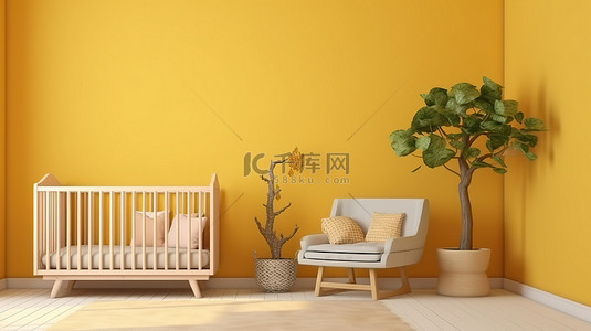 现代托儿所设计，以婴儿床与充满活力的黄色墙壁前视图 3D 渲染为特色