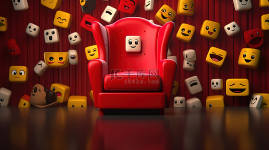 社交媒体表情背景图片_红色椅子上智能手机周围社交媒体表情符号的 3D 渲染