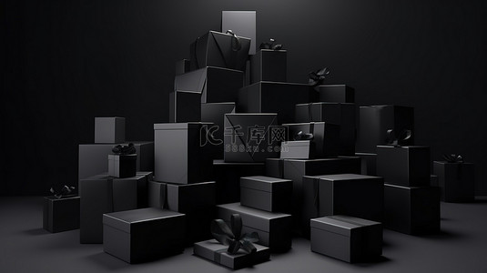 假日购物盛宴 3D 渲染黑色礼品盒和黑色星期五空礼物的插图