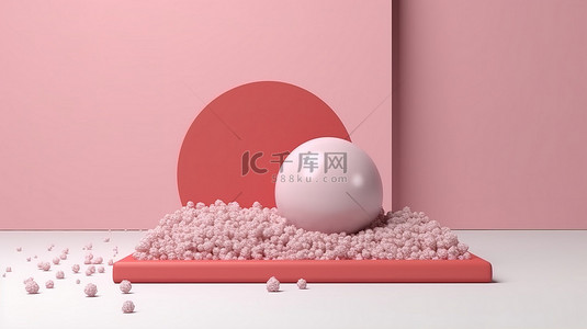 宣传幅背景图片_时尚的 3D 水磨石讲台，带有粉色球，在白色背景上宣传产品展示