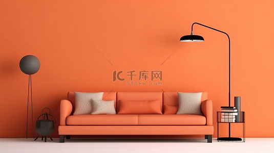 沙发室内设计的 3D 渲染，橙色背景上有四个海报框架
