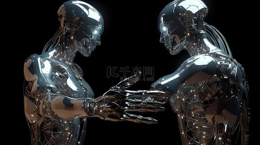 和机器人握手背景图片_男性和女性机器人在 3D 渲染图像中握手